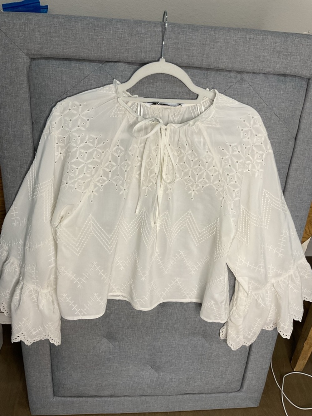 Zara White Embroidered Eyelet Bell Sleeve Boho Blouse NWT XS - Picture 5 of 10
